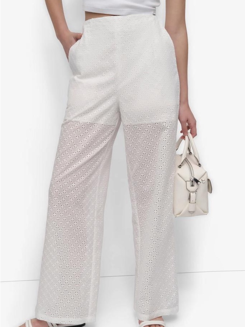 DKNY White Wide-Leg Eyelet Trousers